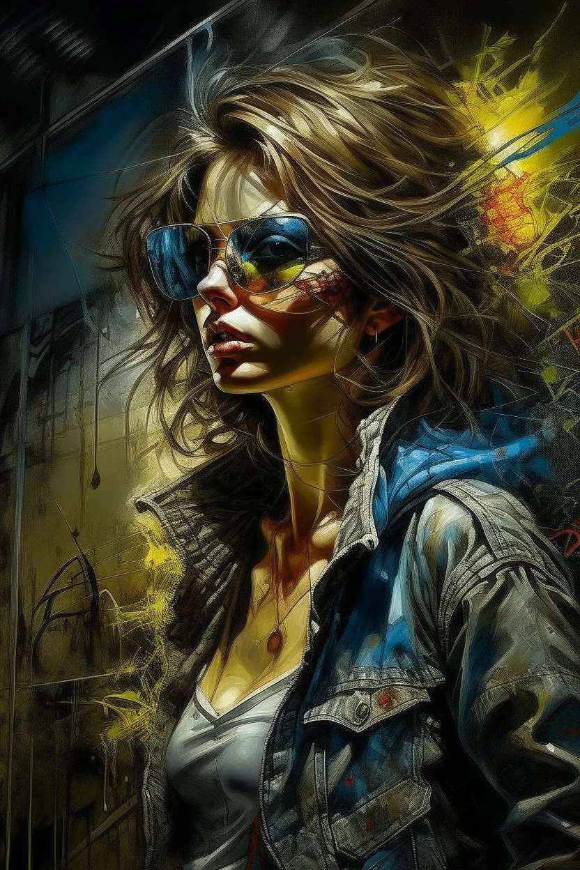 Girl wearing sunglasses, in dynamic composition, finely artistic random pose, airbrush and graffiti techniques, Jose Royo style, Boris Vallejo, Carne Griffiths, Wadim Kashin, Alyssa Monks, Brian Froud, Mike Deodato, atmosphere of darkness and horror, dramatic light, highly detailed, filled with hidden details, hyper realistic, in the style of wallpaper portraits, bold and colorful graphics, realistic attention to detail, highly detailed and colorful realism, UHD, 8K