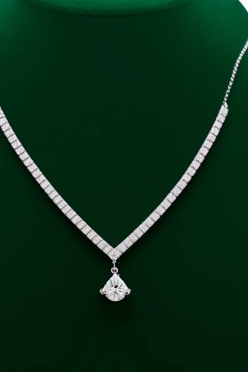 nice diamond and white gold necklace on manquin stand in luxury environment