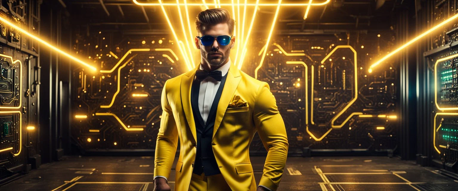 Hyper Realistic handsome muscular Electric-Superhero wearing long-fancy-yellow-tuxedo & fancy-sunglasses in a dark-rustic-circuit-room with electric-sparks-&-rays & a massive circuit-board-wall showing dramatic & cinematic ambiance.