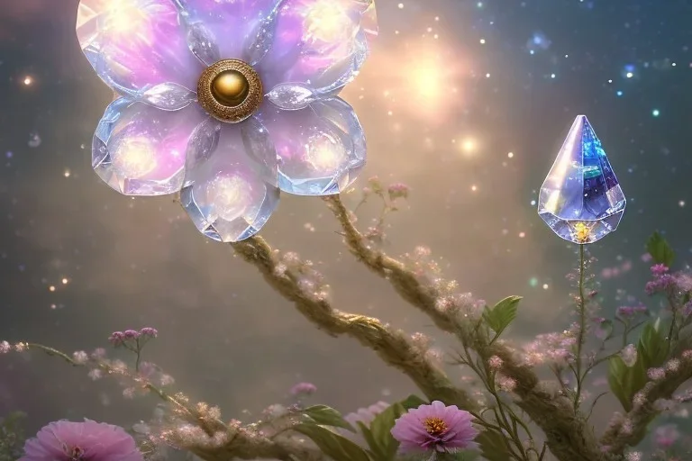 one big crystal subtle flower in a galactic ambiance with a very little beautiful fairy, transparent petals, delicate colors, in the foreground, full of details, smooth, bright sunshine，soft light atmosphere, light effect，vaporwave colorful, concept art, smooth, extremely sharp detail, finely tuned detail, ultra high definition, 8 k, unreal engine 5, ultra sharp focus