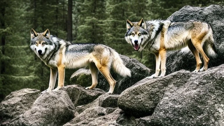 wolves on a large rock in the forest