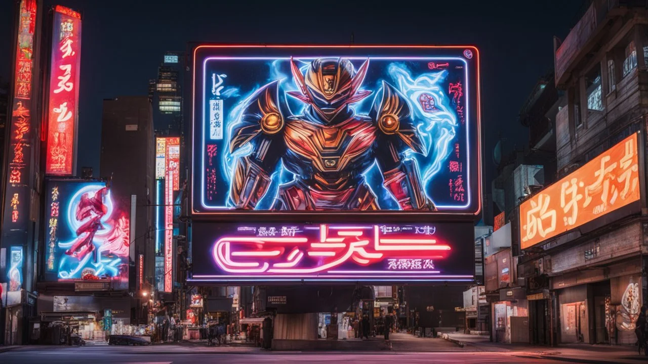 a billboard branded Odk Tokusentai in neon light, in the city center, at night.