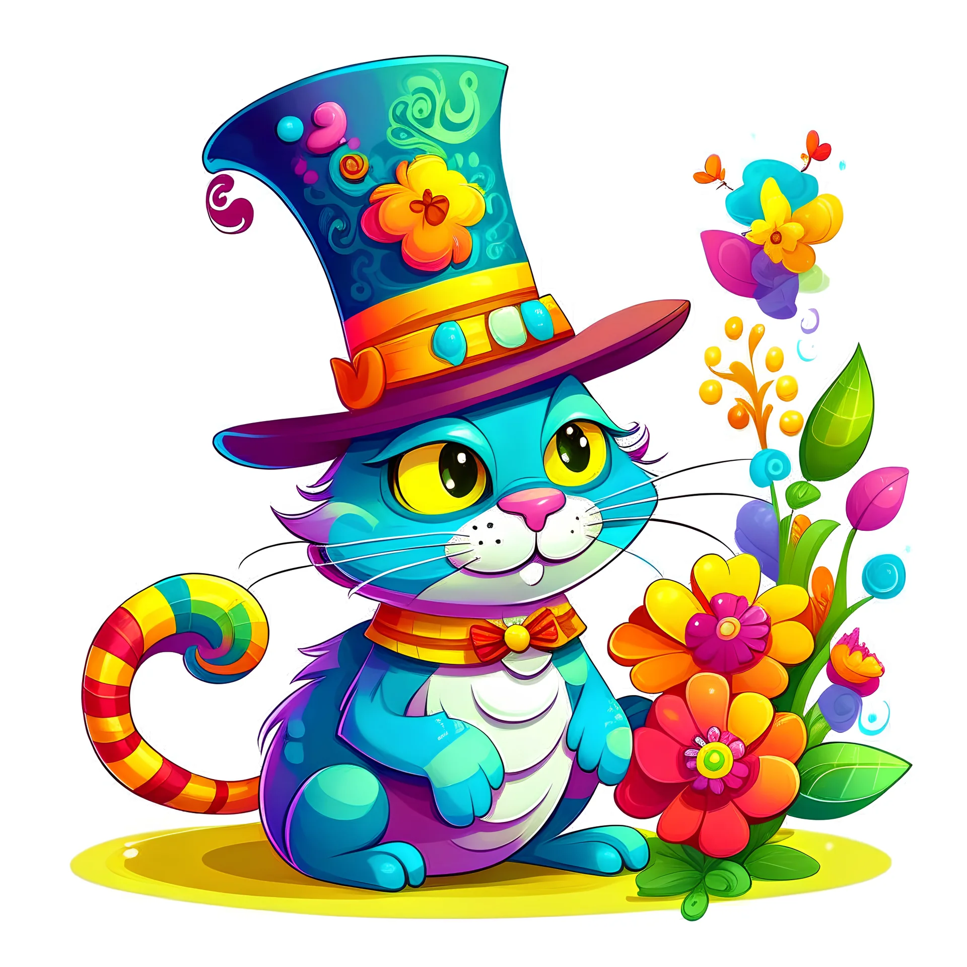 A comical and playful cartoon chemistry cat, exuding a vibrant and engaging presence. Its skin appears smooth and glossy, accentuating its round and plump figure. The pepper's most striking feature, however, is the colorful hat it wears. This hat, adorned with a bright and festive array of flowers, ribbons, and other decorative elements, sits atop its head at a jaunty angle, adding a touch of whimsy and charm to its overall appearance,white background