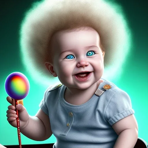 a smiling human baby called tobias leander with curly hair, playing with toys, sitting in chair, photo realistic spray painting, book cover