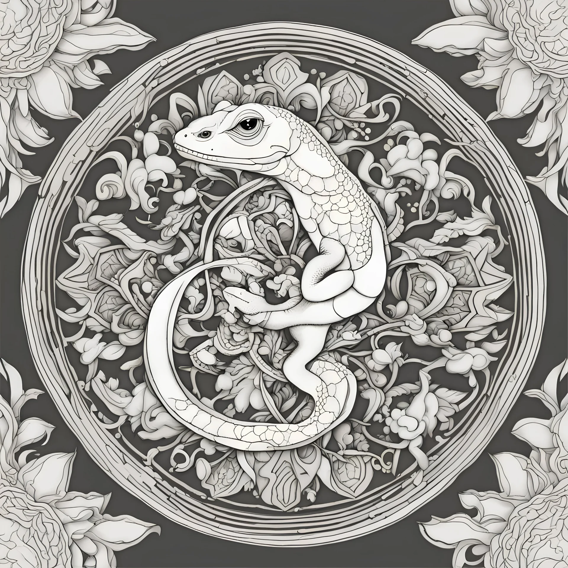 outline art, coloring pages, white Background, Black line, sketch style, only use outline, mandala stile, clean line art, white background, no shadow and clear and well, LIZARD MANDALA