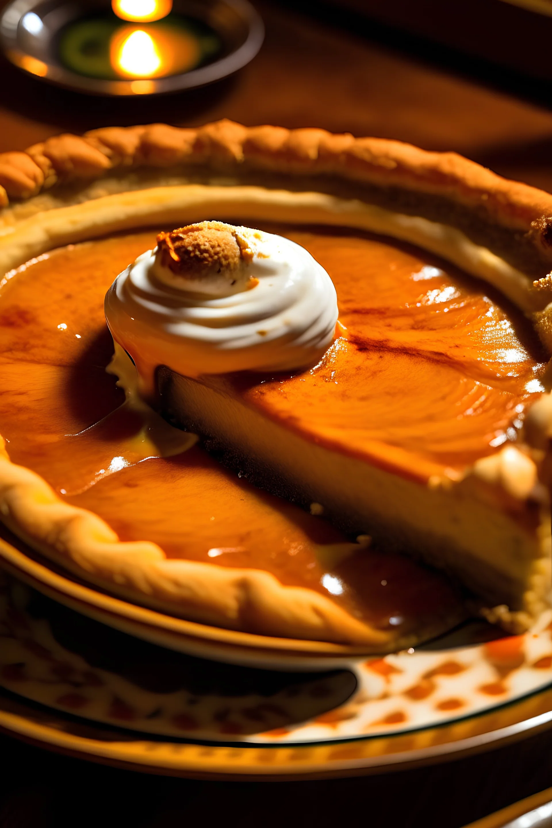 A warm single slice of pumpkin pie, kind of firm yet melted because of the year. Topped with whip cream but splattered because it was the last bit in the can