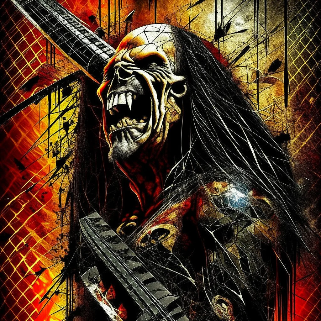 "SLAYER" heavy metal art illustration, (Release the slide to cleanse inside, Prepare to anoint, Snap the tongue in groove discharged, To make my hallowed point), double exposure, unsettling, surreal, sinister, profound, dramatic