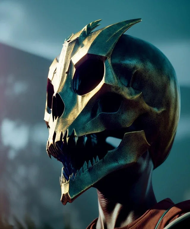 A badass Sofia Buttela wearing a dragon skull mask, atmospheric, realistic, unreal engine, cinematic lighting, octane render.