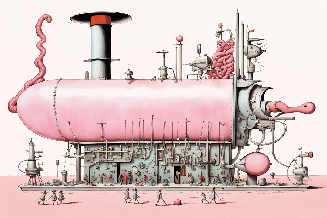 Album art by Gerald Scarfe, by Yves Tanguy, side view of a surreal english school shaped like a sausage maker machine with a mechanical crank, uniformed faceless students walk in one end and pink slime sausage strands are squeezed out the other end, surreal, digital art, sardonic, hyperdetailed, maximalist.