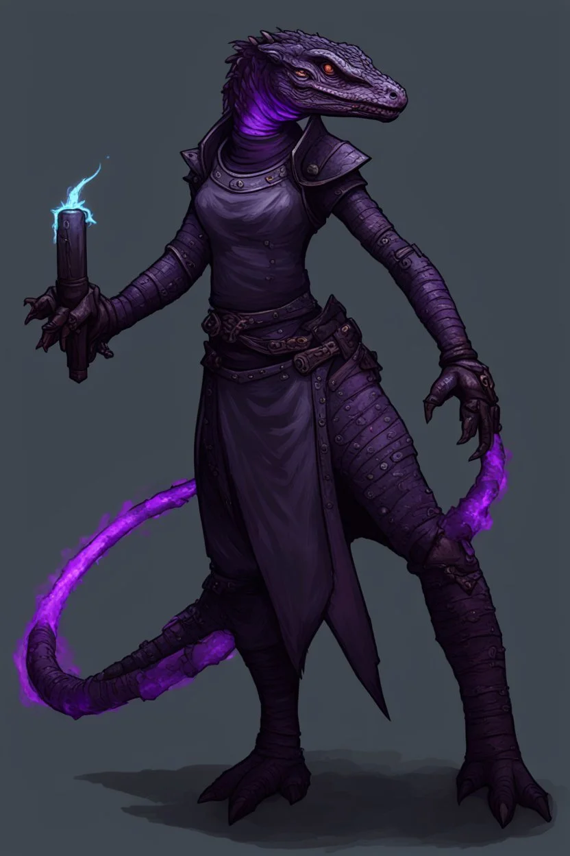 a black and purple, female argonian artificer who uses Tesla coils as weapons, skinny