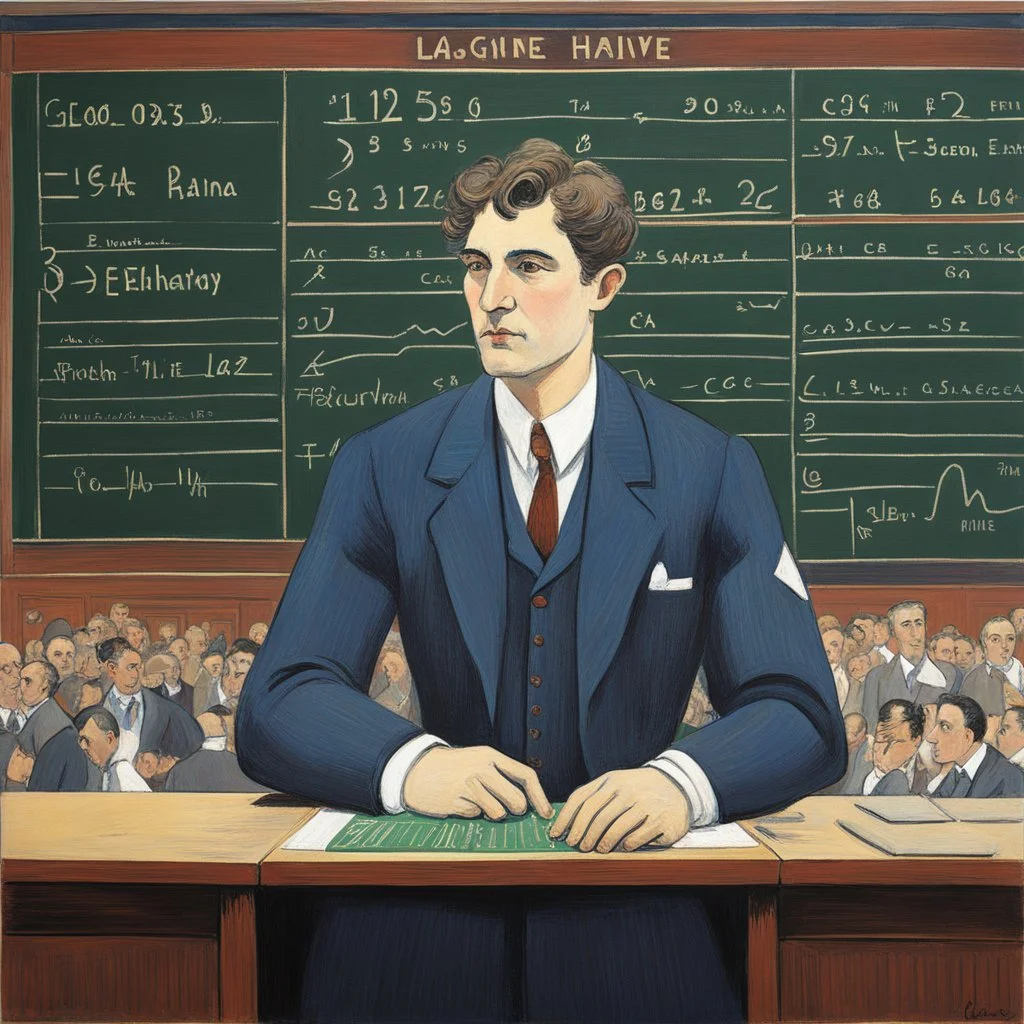 a naive painting of the stock exchange trader in front of the blackboard displaying prices: he underlines the fixing with chalk, thick lines, large areas of flat color, la ligne claire by Kupka