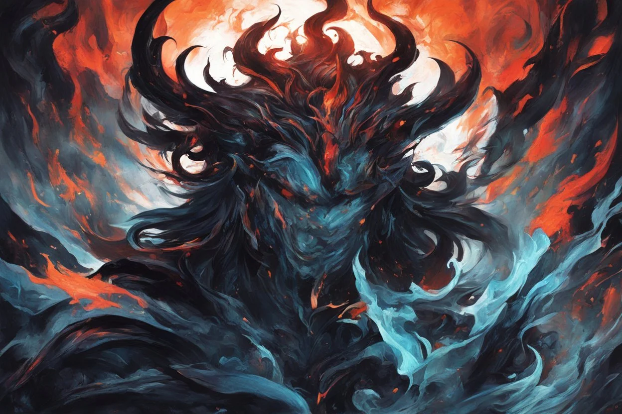 A visually striking and abstract representation of Hades, utilizing deep hues and complex shapes to evoke the mythical and godly aspects of his character, (visually striking abstract representation:1.4), (Hades, the mythical god:1.5), (deep hues and complex shapes:1.3), (expressive and godly ambiance:1.2), drawing inspiration from abstract interpretations of classical mythology