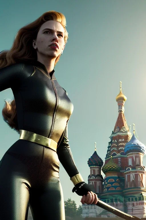 retro portrait image from 1960, Moscow background, wind, long red hair, fighting stance, sweet young Scarlett Johansson, classic tight lycra black suit, weapon, gold bracelet and belt, high heel boots, soft color, highly detailed, unreal engine 5, ray tracing, RTX, lumen lighting, ultra detail, volumetric lighting, 3d, finely drawn, high definition, high resolution.