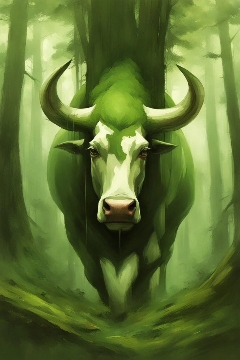 A bull or a horse with a wooden totem on its back, in the middle of the forest. Opposite is a tree with a green-skinned man on it., by Ryohei Hase, Agnes Cecile, Raymond Swanland, Anne Bachelier