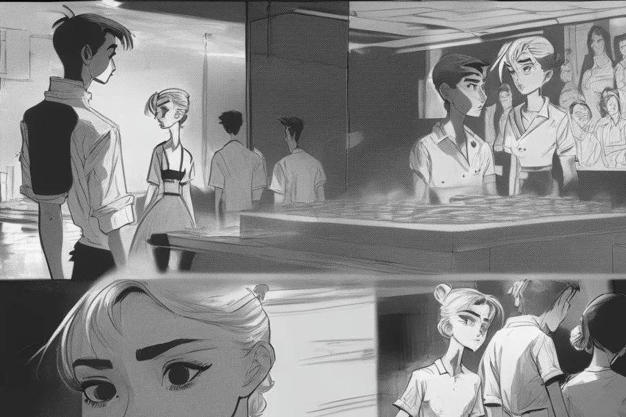 black and white story board, Cut back to the chefs, all of whom roll one sly look at the boy and the girl they switch to the establishment. The shot is through the boy and the girl in the foreground seeing only each other their bodies and between them (if the girl is on the left a the boy on the right and they go right in frame) in the middle we see gives from the cooks, and the third behind the girl (left of frame), scattered throughout the kitchen must have been thrown at them look.