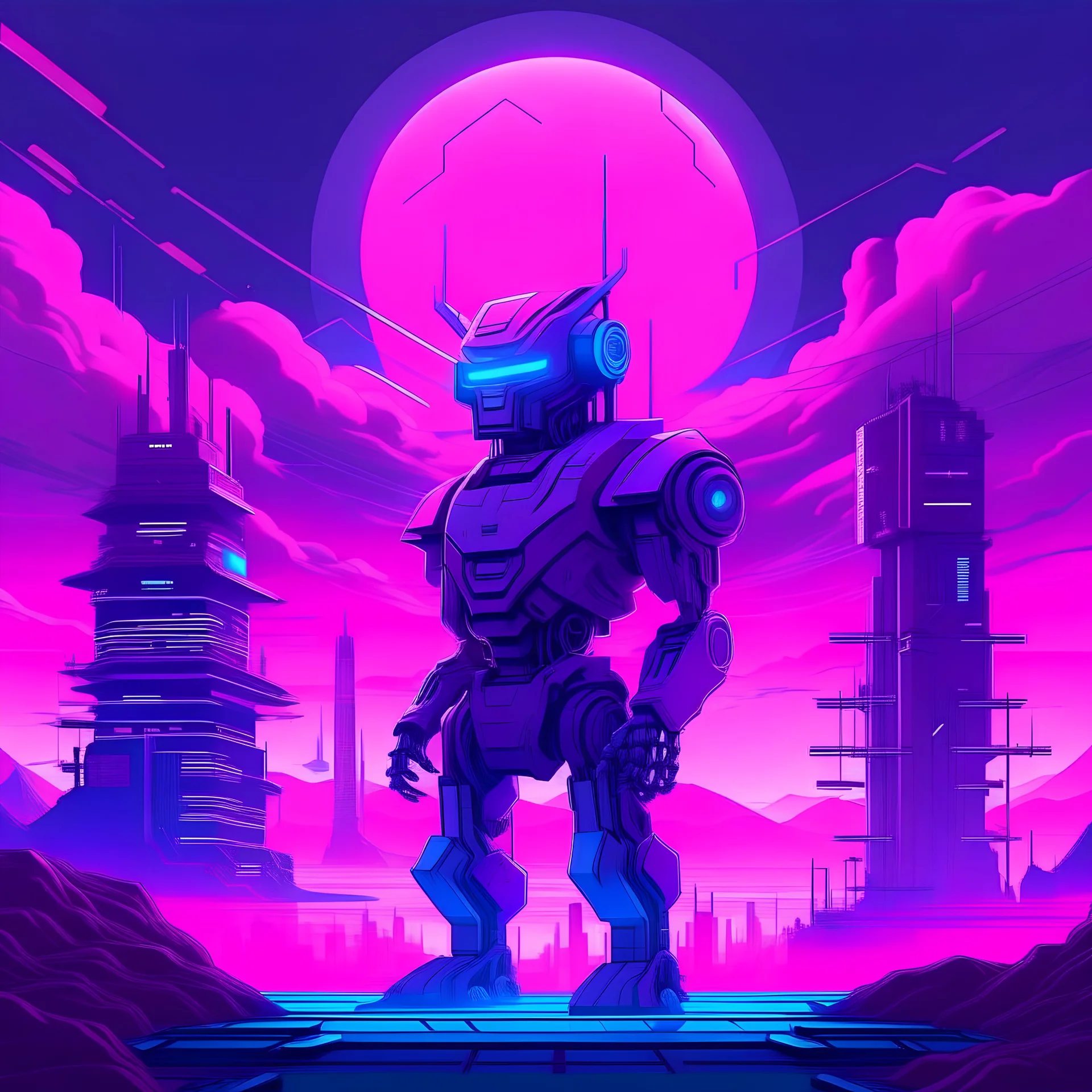 robot god in a future landscape ,real vapourwave style, with neon and purple rays and buildings