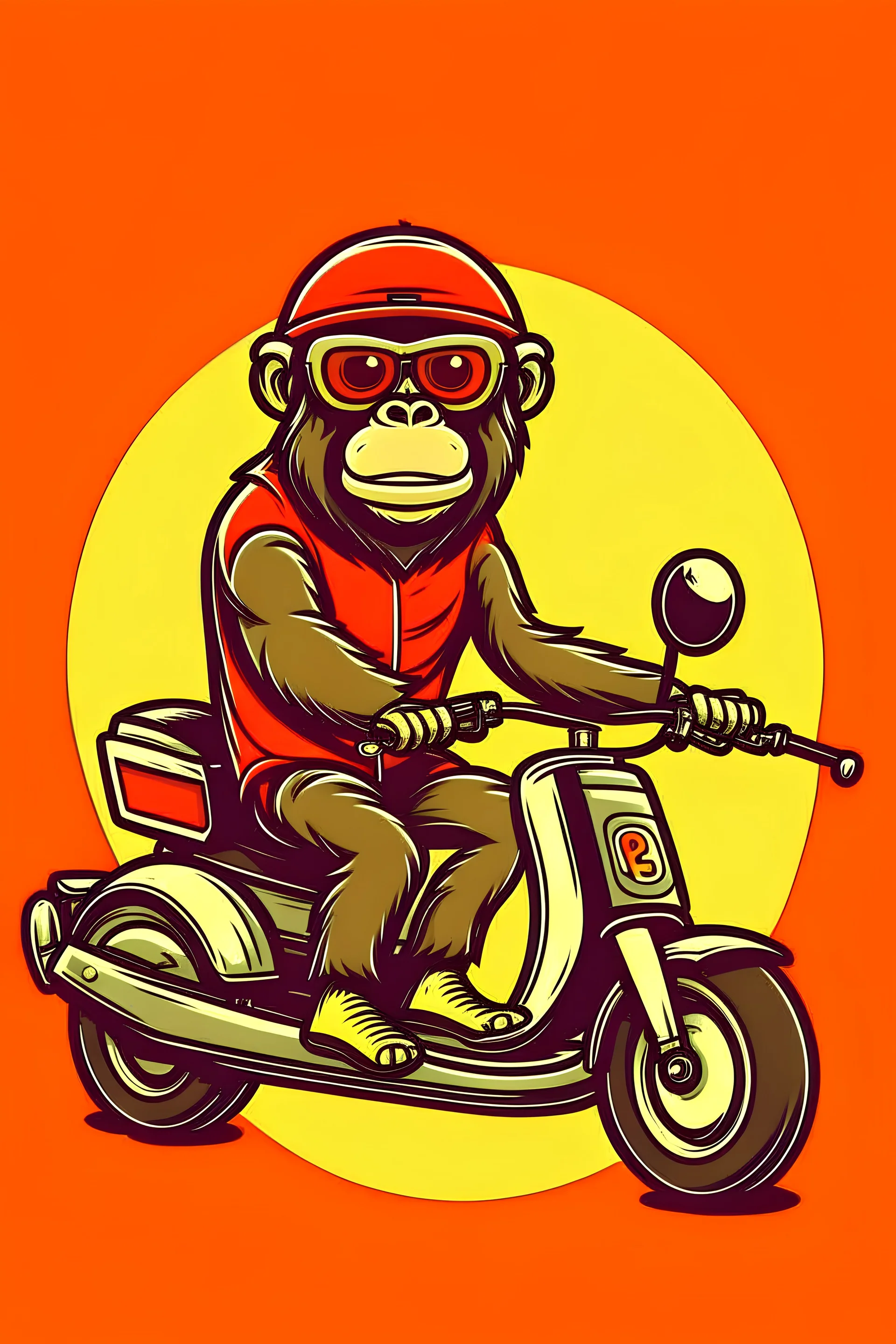 Ape riding on a fast scooter, with sunglasses, making a silly face, cartoonize, logo