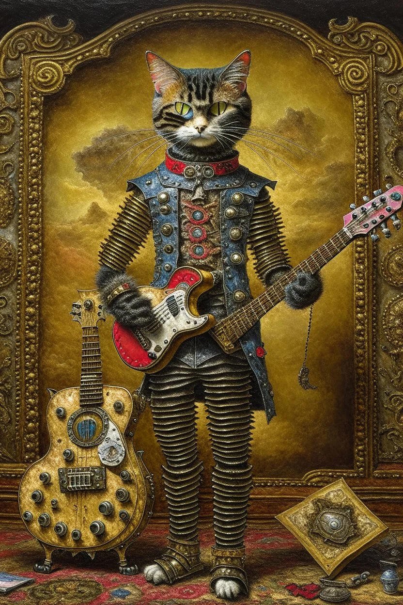 A full length portrait of a rocker-style cat mixed with a rusted robot, carrying a guitar, baroque painting by Walter Popp