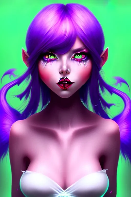 cute purple haired devil human girl with bright green eyes and black horns wearing purple/pink dress