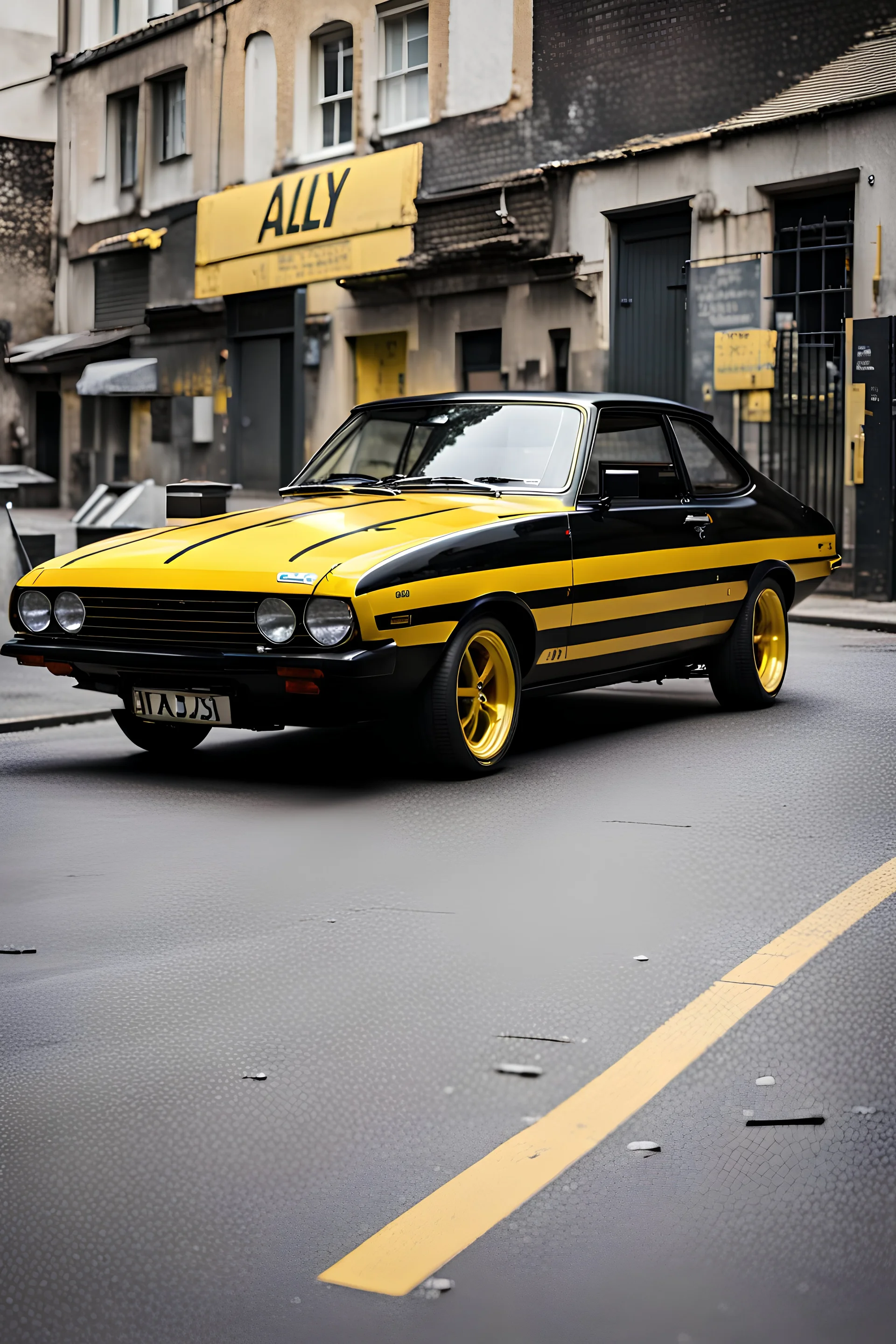 a black ford capri with yellow strips in a ally