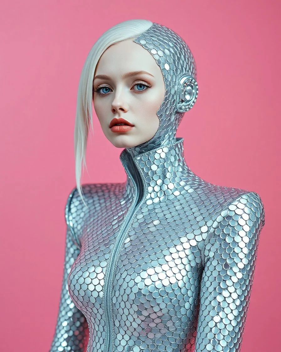 pink back ground ,A mesmerizing fusion of intimate abstraction and surreal futurism, depicting a striking female albino figure adorned in a breathtaking silver chrome-scaled suit. The intricate structure of the suit echoes the hyper-fractal nature of a coherent hyper-position lattice, creating a dynamic interplay of light and form that seems almost otherworldly. Her presence is both mysterious and seductive, yet tinged with an innocent vulnerability, as she gazes outward with an expression of
