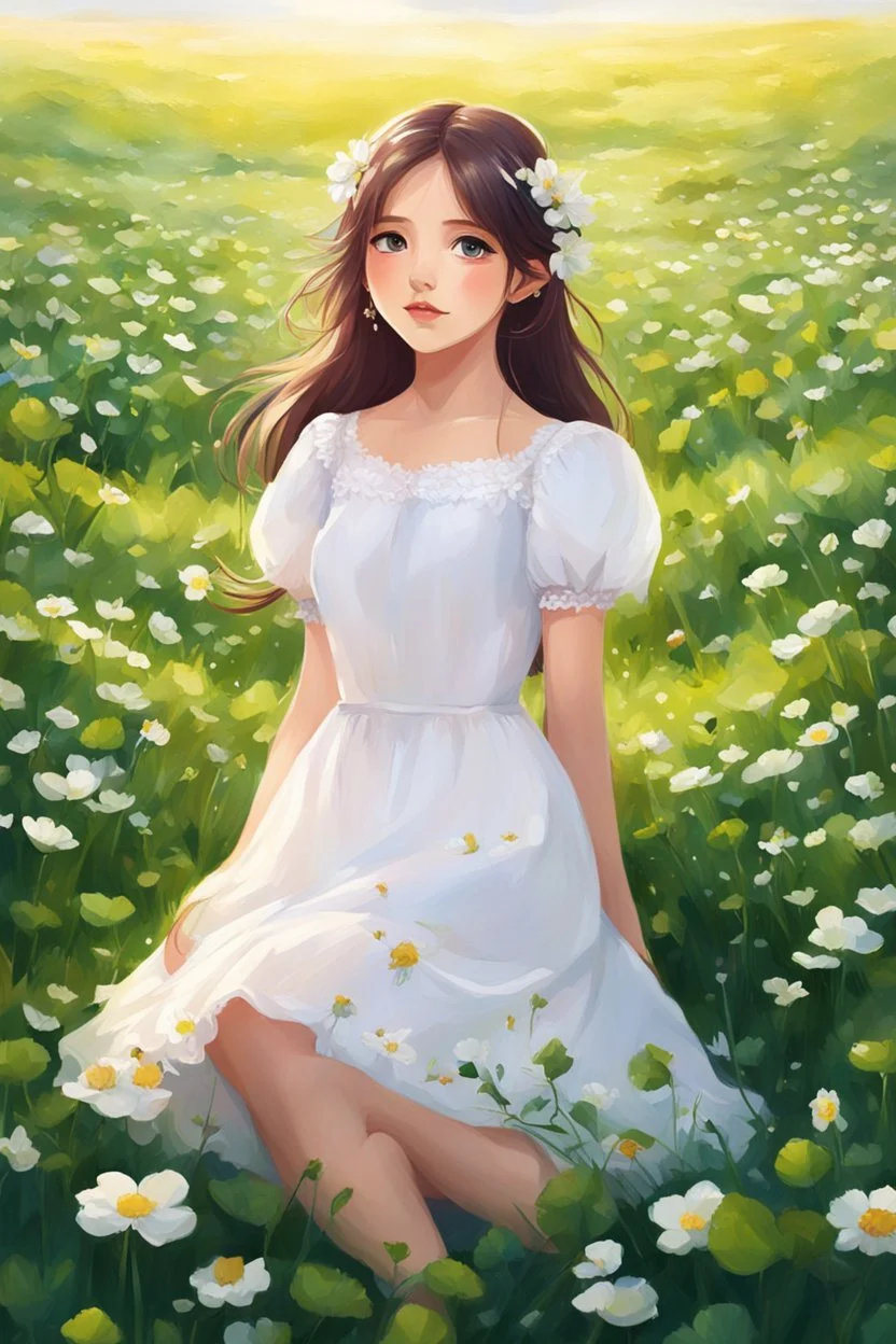 a girl in a white dress sitting in a field of clovers, portrait of girl in flower field, girl sitting in a flower field, girl standing in flower field, realistic cute girl painting, girl frontal in a flower field, in a grassy field, sitting in a field of flowers, cute anime girl portrait, portrait anime girl, girl standing in a flower field