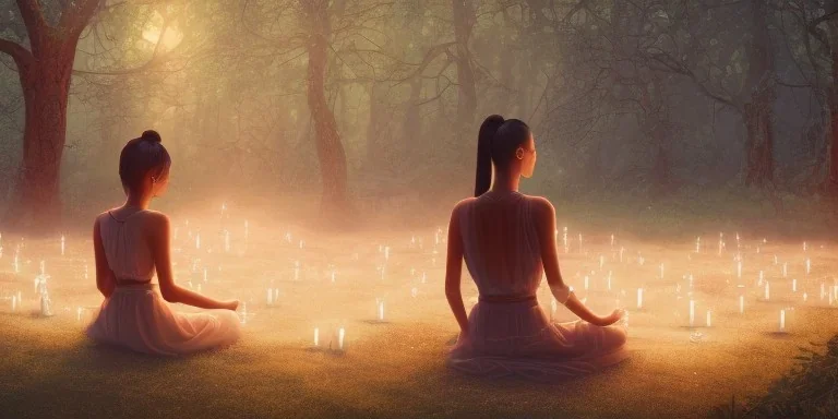 a group of african, asian, european, colourful dressed woman, sitting in a cirle surrounded by candles and crystal, meditating in a enchanted forest, fotorealistic, high quality, landscape, 17