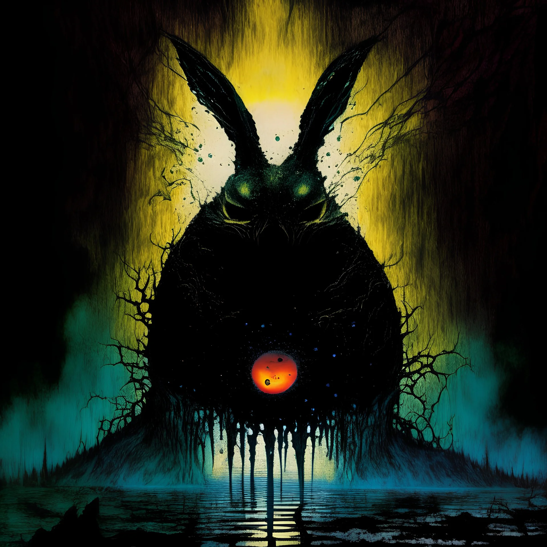 dramatic dark colorful fantastical ink illustration, surreal double exposure sinister face of an anthropomorphic ghostly fanged monster Bunny layered over a magical shining black egg cracking with dark energy, levitation, swamp at midnight, complex contrast, dynamic composition, sinister, unsettling, photo layering, masterpiece, scary, weird, by Zdzislaw beksinski