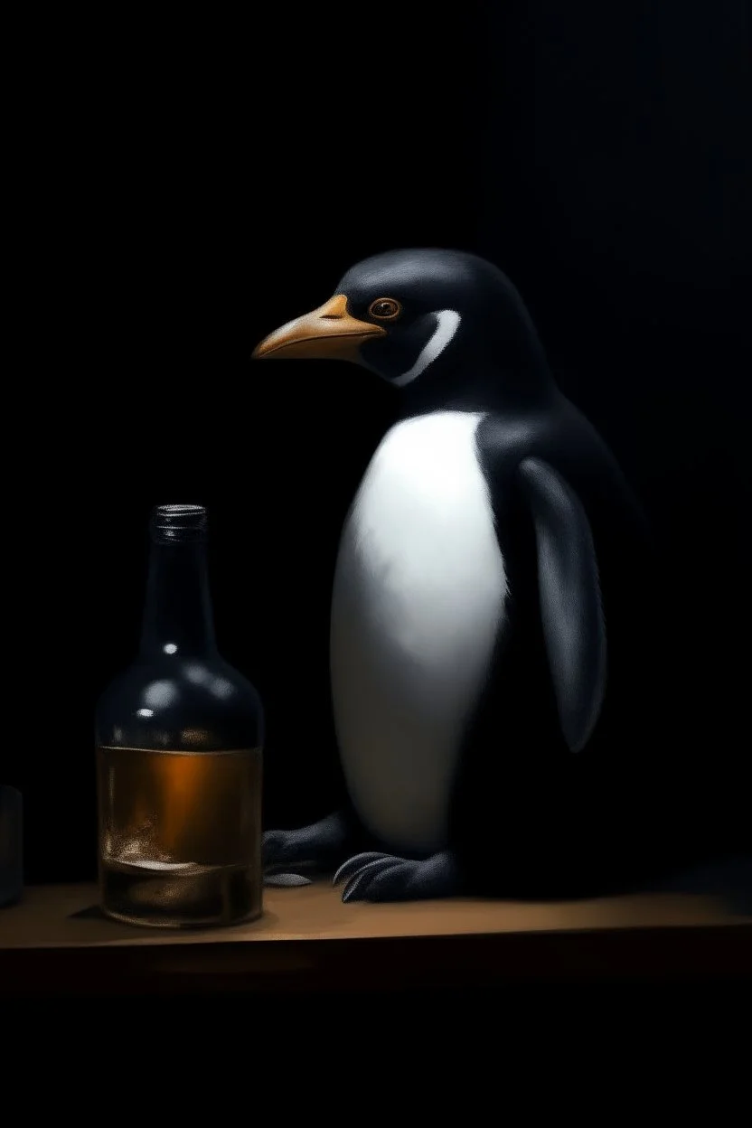 penguin with alcohol problem, dark painting oil painting.