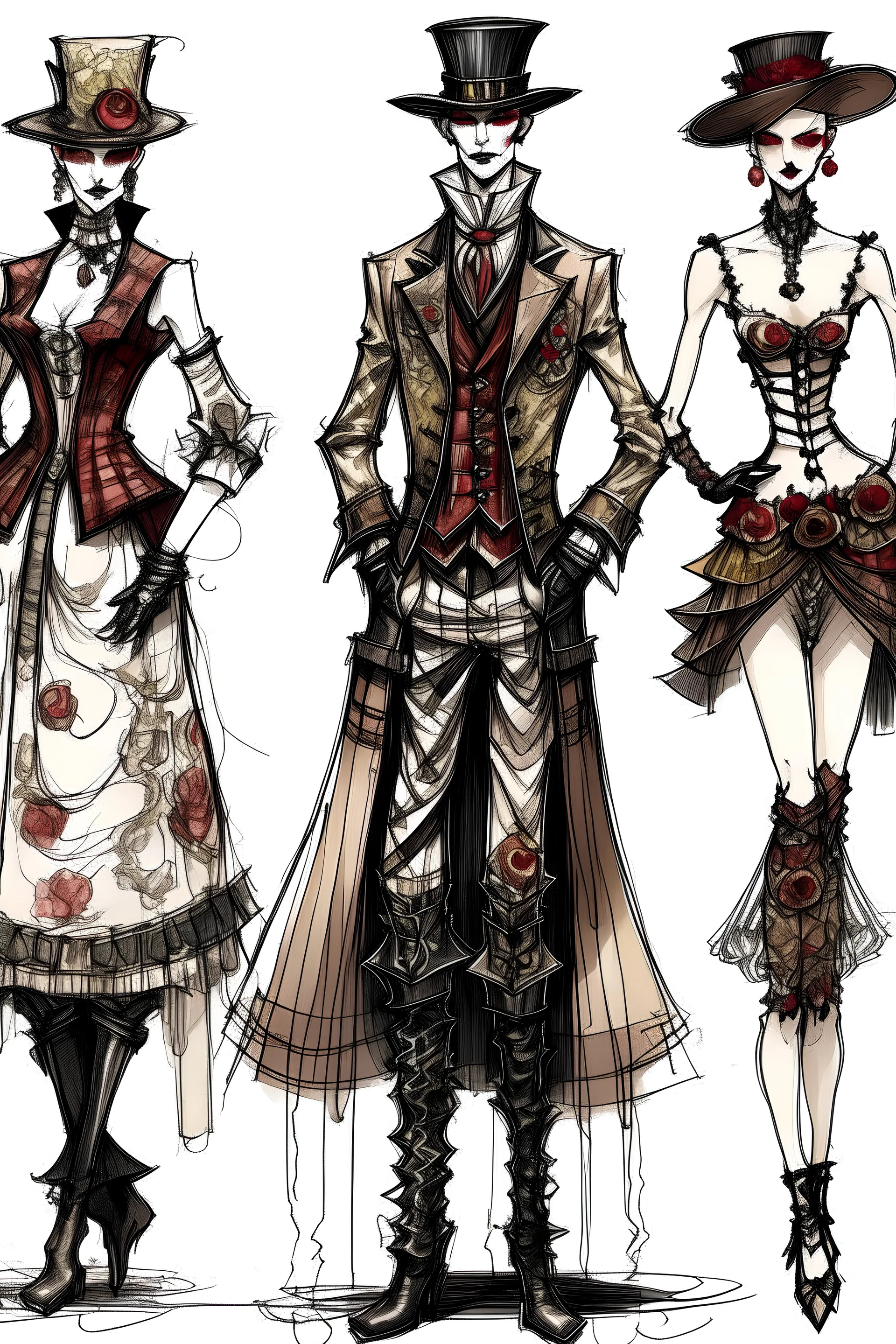 Design different sketches of men's, women's or unisex clothing based on the Vivienne Westwood brand and the Victorian era. Rebel, extraordinary, underground, using corsets with a touch of vampire fantasy