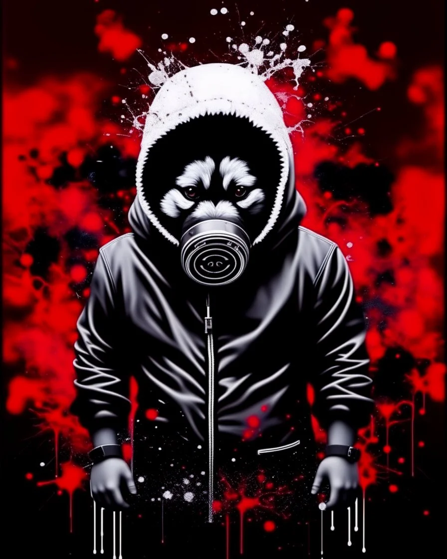 Banksy style. Vibrant and dynamic masterpiece with fluid patterns forming a killer dog with hood and gas mask, its eyes are intense. Red, white and black colors, creating a fascinating effect. Full body