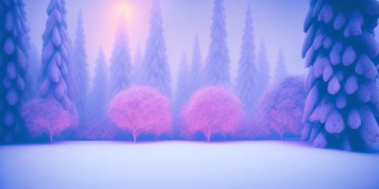 snowy forest, snowing, winter, magic, pink