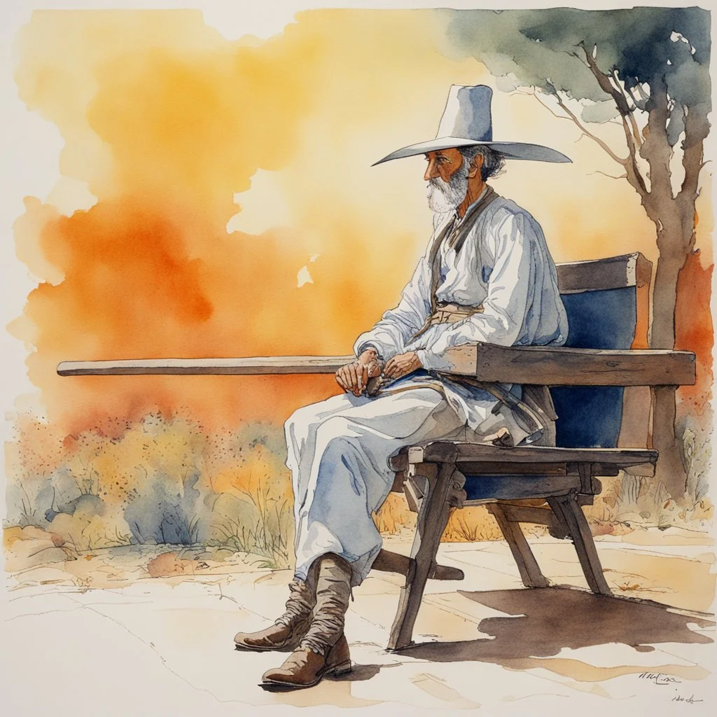 Don Quixote sitting on a bench, aquarelle by Moebius