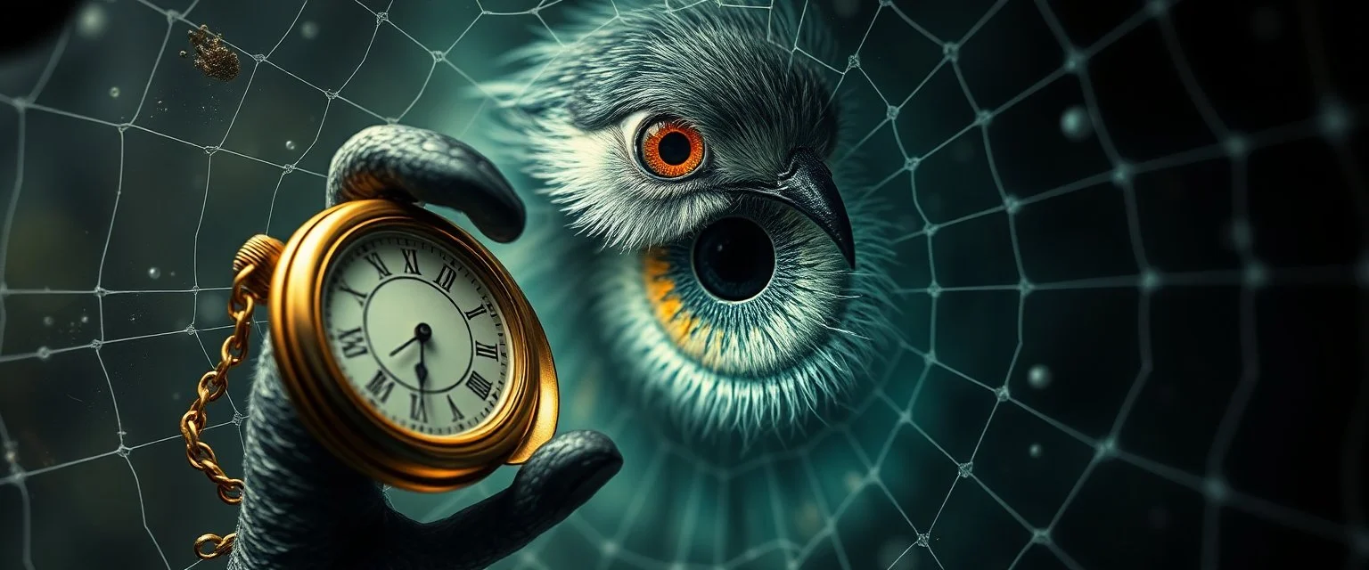 close up of cuckoo in the fish eye web, interdimensional portal, with a pocket watch with a chain in its claw