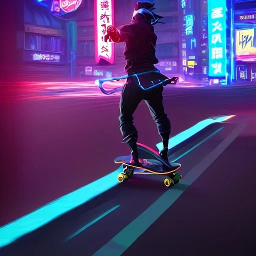 photo of a ninja riding a skateboard; dragon; in an alternate universe in tokyo; cyberpunk; realistic; rain; neon signs