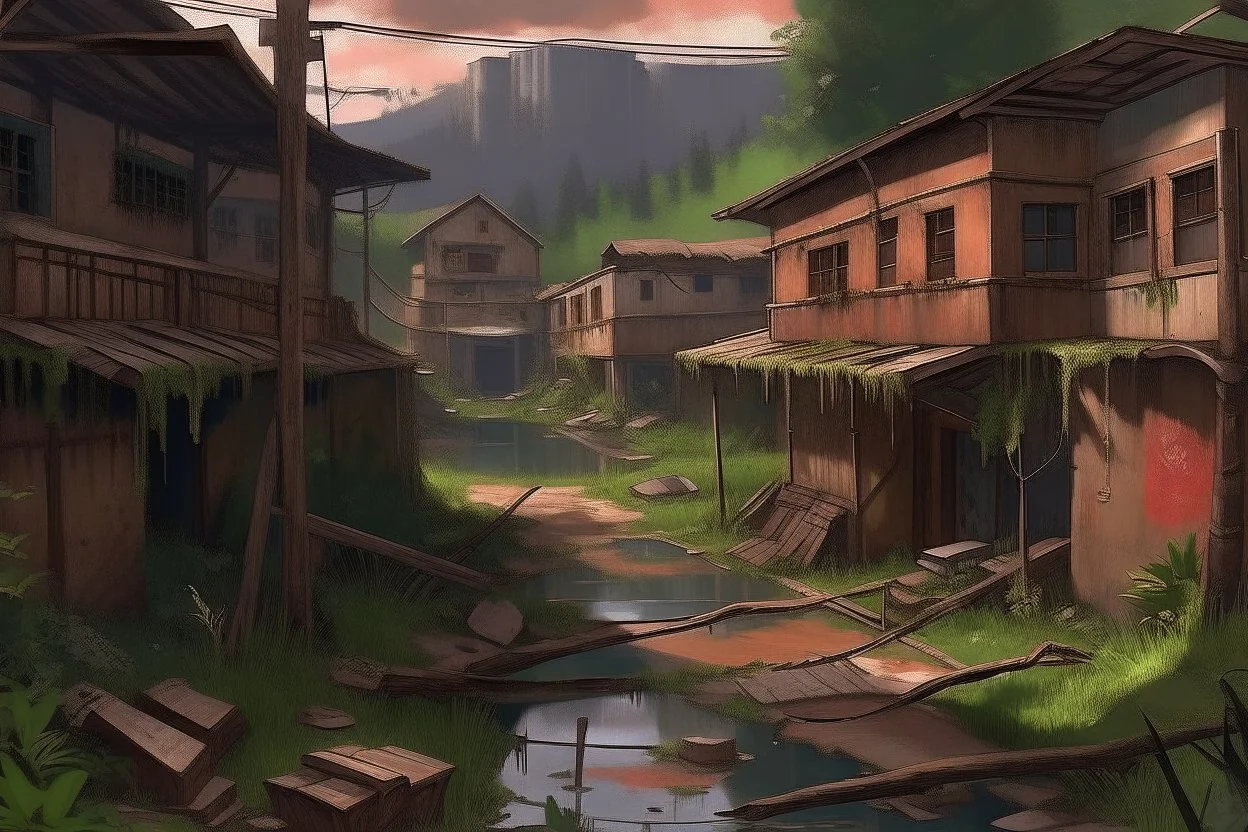 TLOU Town but in the style of Bob Ross's oil painting. No people.