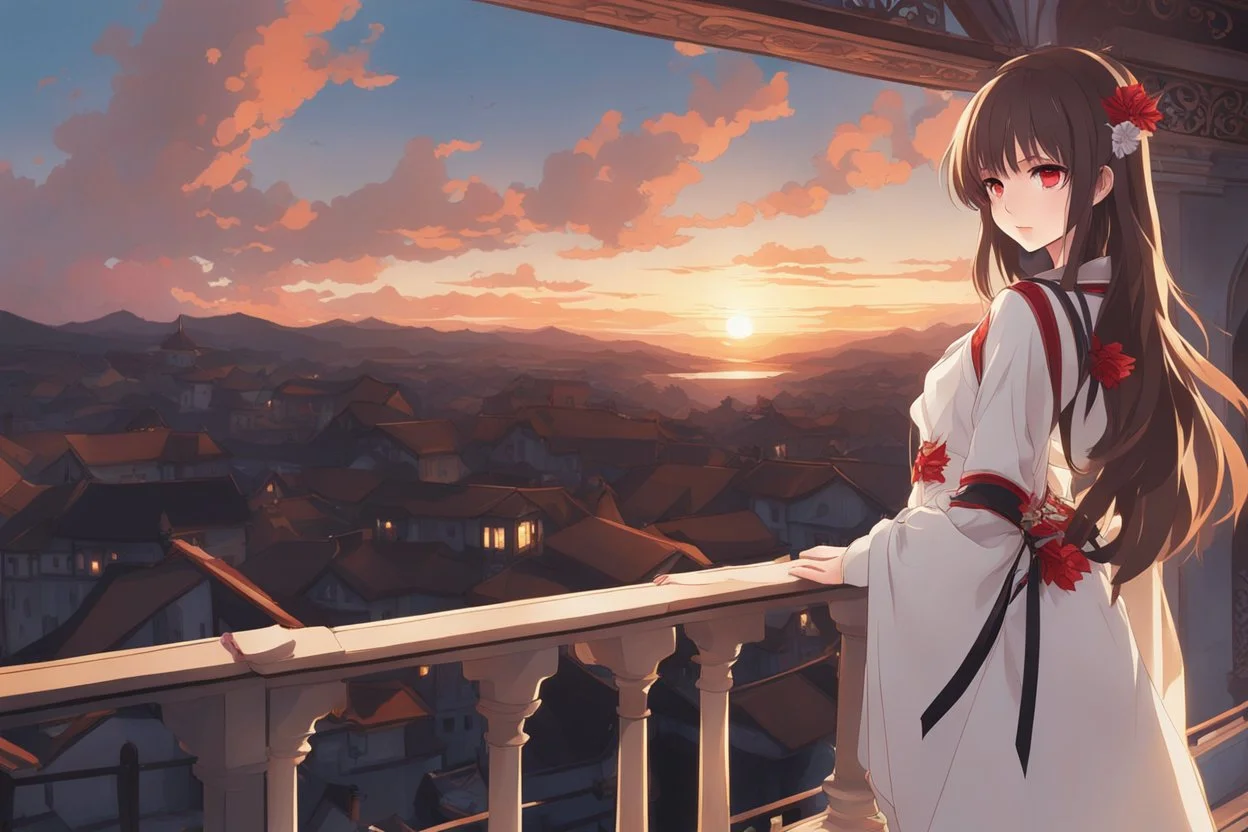 woman with long brown hair, red eyes, pale skin, highly detailed, intricate background, standing on a balcony during sunset, contemplative, anime style, Genshin Impact inspired, dynamic composition