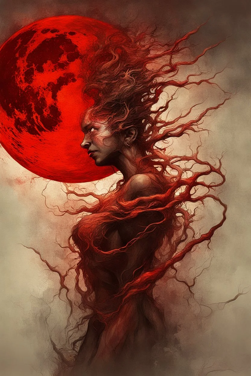 A dramatic digital painting portraying a figure under the Red Moon, veins pulsing, claws of temptation visible, soul in turmoil. In the style of Giger and Salvador Dali and Van Gogh, vivid colors, swirling brushstrokes, highly detailed, 8k resolution, surrealistic., by Ryohei Hase, Agnes Cecile, Raymond Swanland, Anne Bachelie