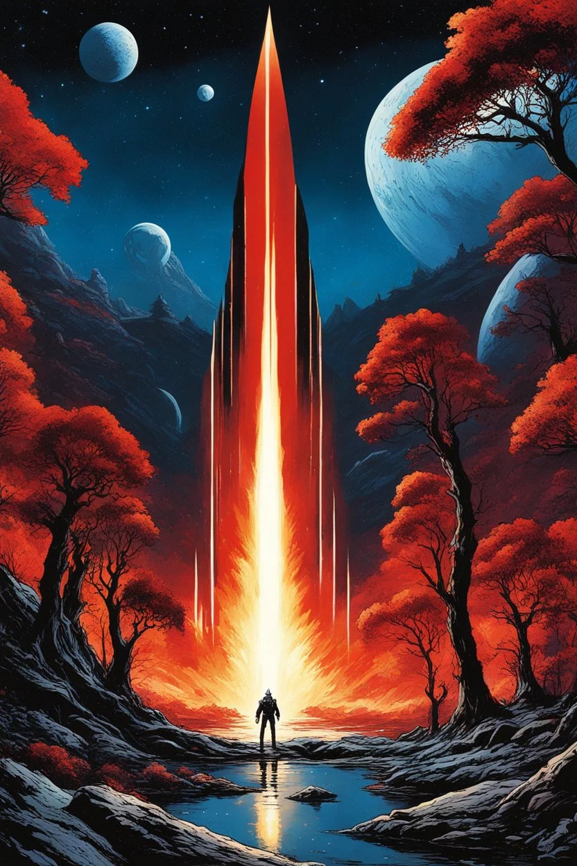 [spaceship, art of Wally Wood] The Stellaris nears the blue planet,Its red forests beckon with allure.The starship descends, flames ablaze,Through the celestial descent it endures.Stepping onto the crimson soil,The crew is awestruck by the vista.Towering trees, aglow with inner light,Creatures dart amidst the surreal landscape.