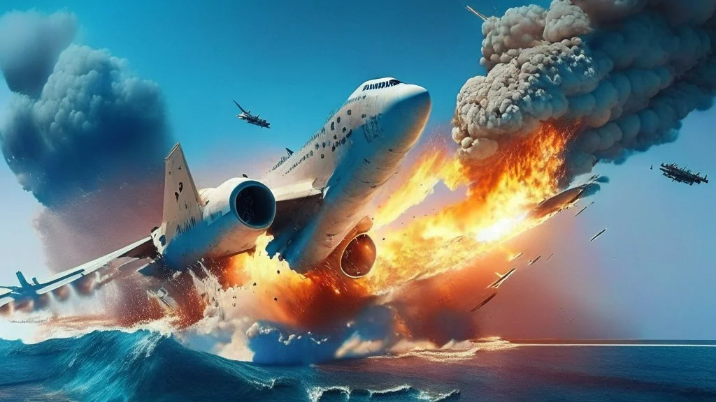 fighter jet fires missile at passenger 747 plane and it explodes over the ocean