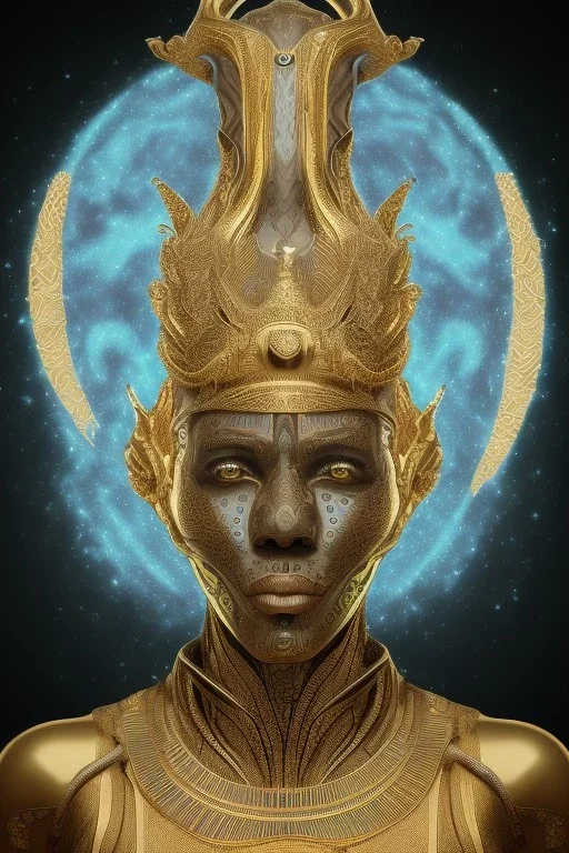 black male African Egyptian alien, cracks in the voodoo head, wicked, diamond eyes, crown, blood, 8k, finely detailed, photo realistic, leopard robe turquoise skull head gold dragon space alien rain skeleton gold teeth silver crown silver space suit spaceships