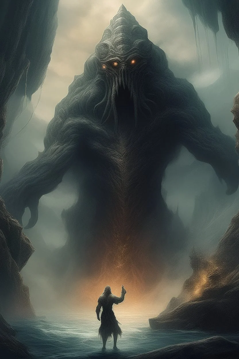 A giant creature holding and lifting up a big ship over head with his arms , a Smokey texture standing in a water in front of a mythical cave in granite volcanic mountain . Busch painting style