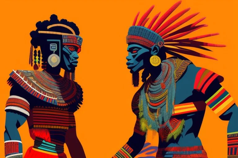 two arafed persons arguing in ritual combat stance, afrofuturism, arafed angularity, aztec vibe, patchwork vibe, side view, aztec room with extreme body action, sharp color contrasts, amazing shadows, exaggerated limbs and heads, minimal cozy, warm palette, bright bold warm summer colors, ritual scene, futuristic tribal style, Aztec influence, sculptural helmets, spiked headdress, geometric borders, patterned red rug over dark wooden floor, tribal ceramic vases with potted plants