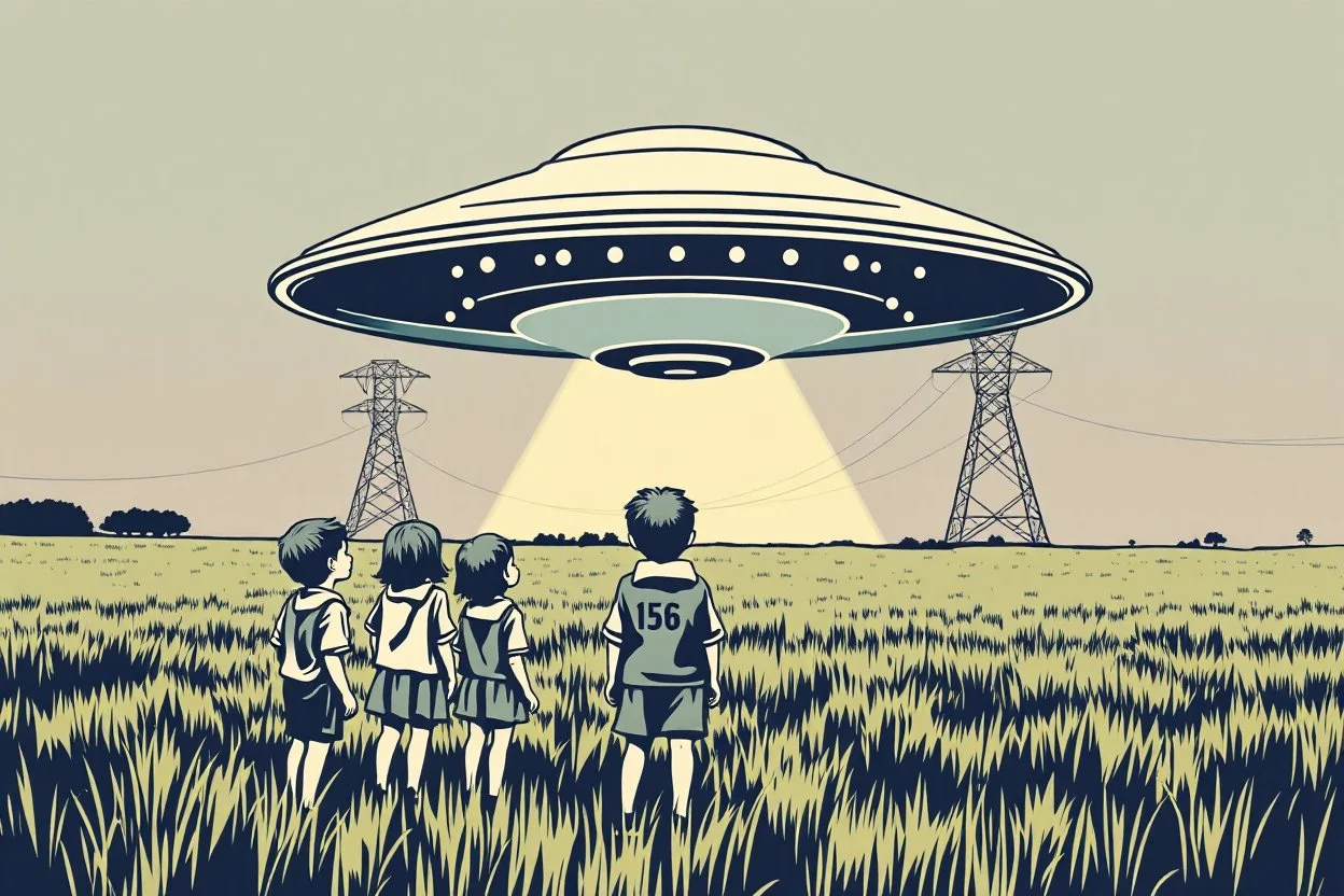bumper sticker design, westall large flat ufo, in bold heading text WESTALL 1966, lots of school children looking up in a field with high voltage powerline and gumtree's, mysterious cool, bold