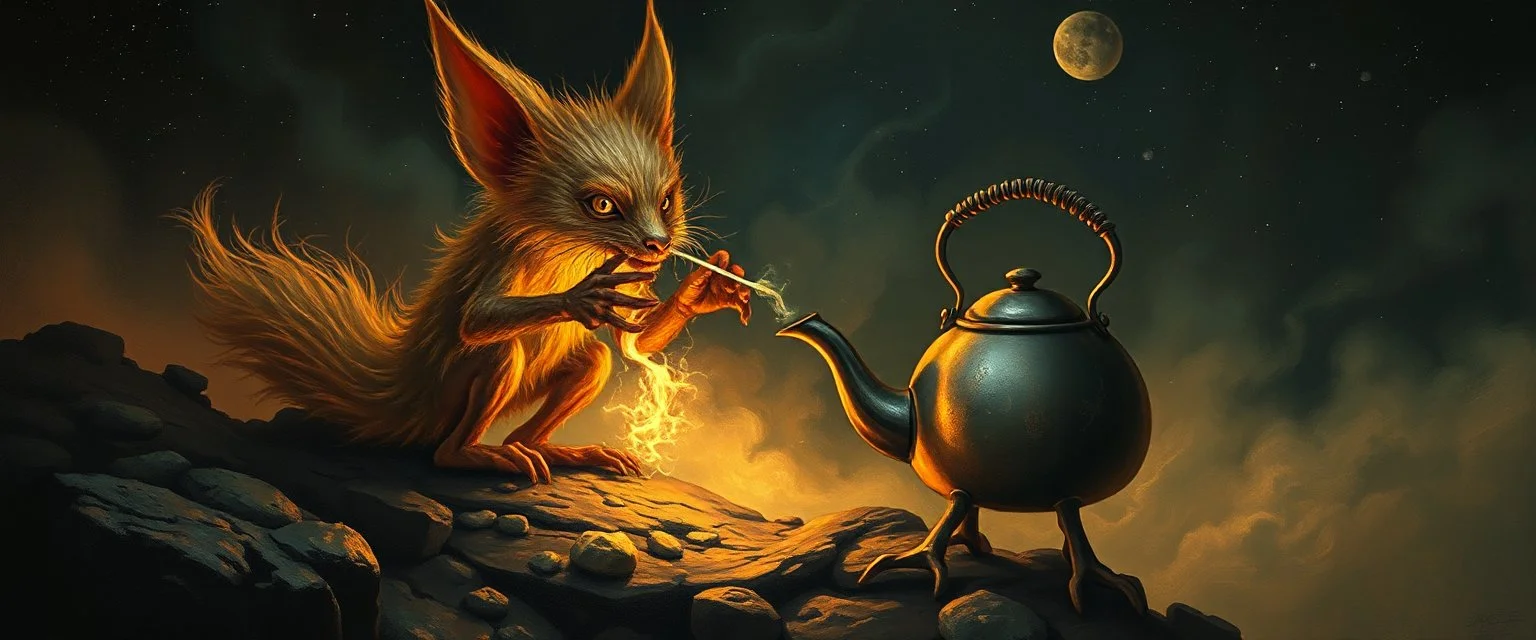 fuzz sponge tube gremlin fox demon in the astral realm with a tea kettle, painted by Rembrandt
