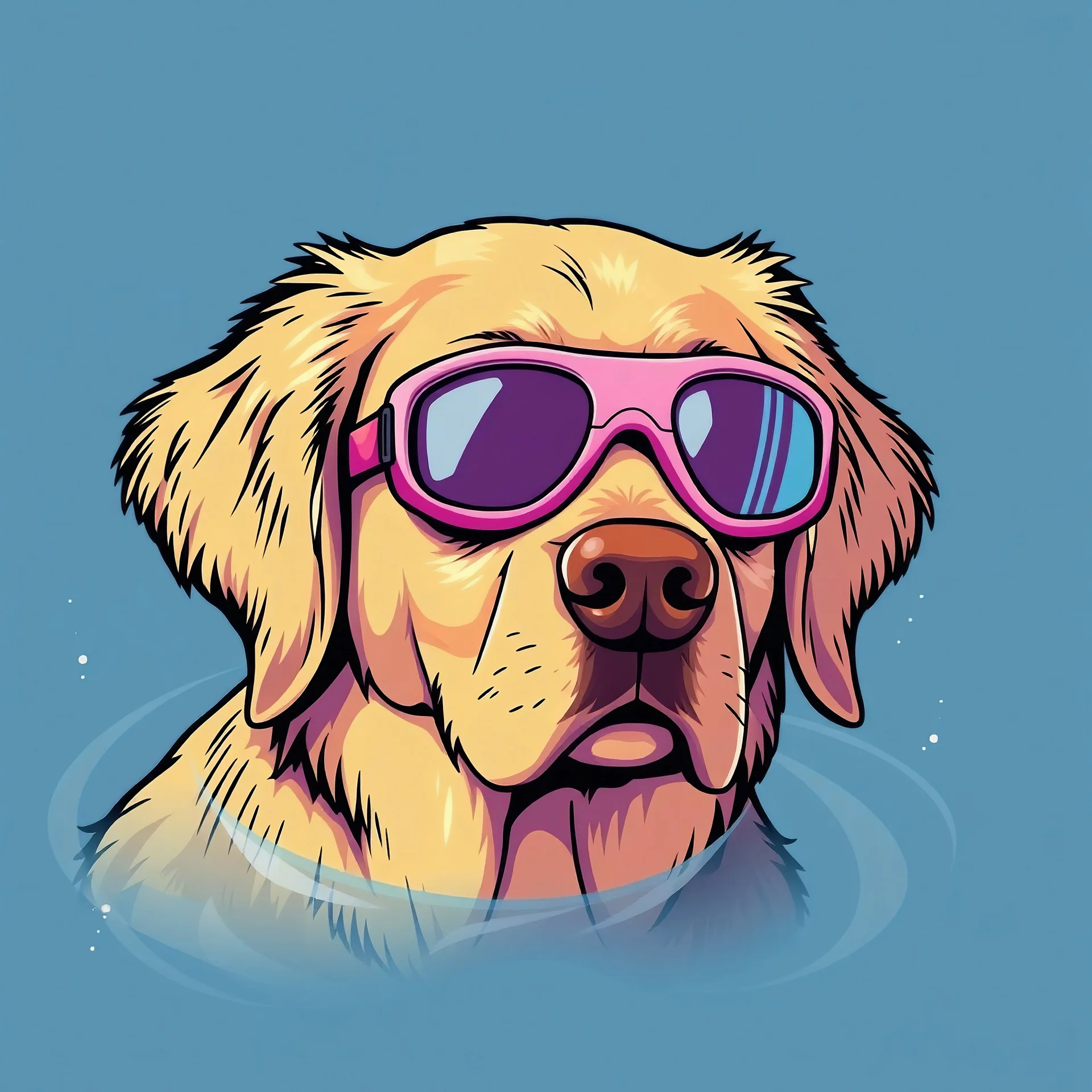 Color Cartoon golden retriever pink pool goggle ,mean , black outline