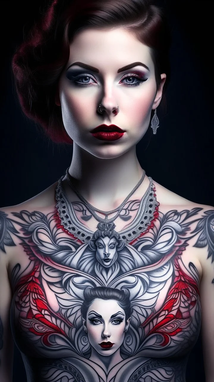 (front view, medium shot)Create a captivating visual narrative featuring Woman A, (front view, medium shot) Now, envision a tattoo on Woman A's chest, this tattoo is a portrait of a human female,who is also wearing a red dress. this is the only tatoo on Woman A, and it is a large in size. Woman A is wearing a shirt that covers her chest yet still allows full view of the human female tattoo