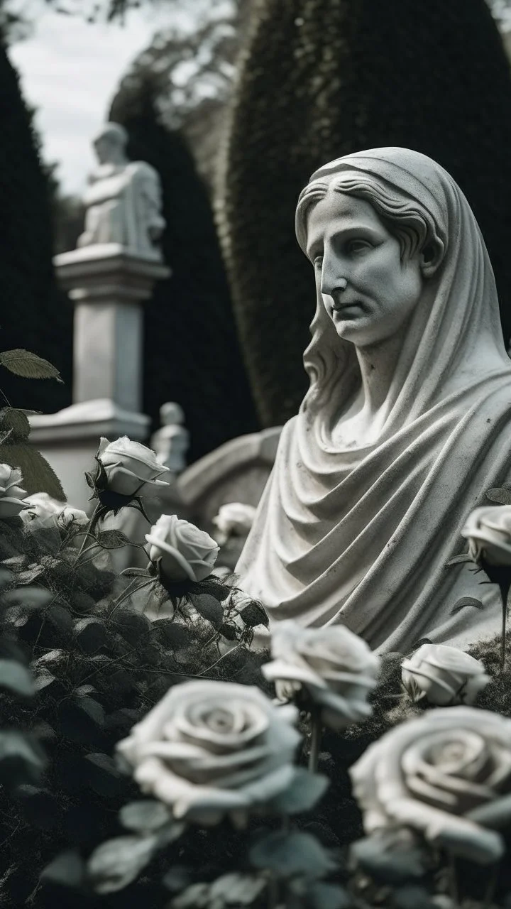 A grave with a statue of a woman behind it, and above it a white lace scarf and white roses. Cinematic picture