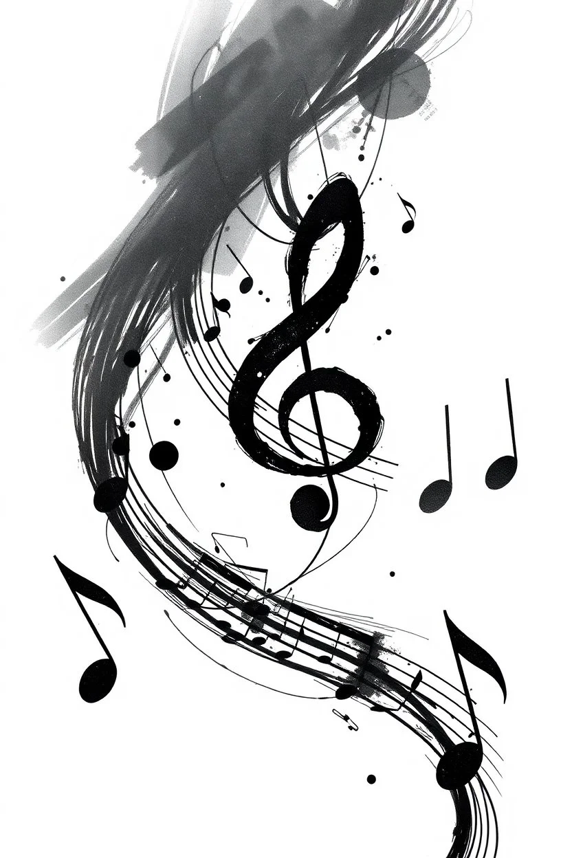 A realistic drawing in negative space black ink on white background of a musical notes and twisted notes 3D with abstract brushstrokes to enhance sheets music pages max enrist
