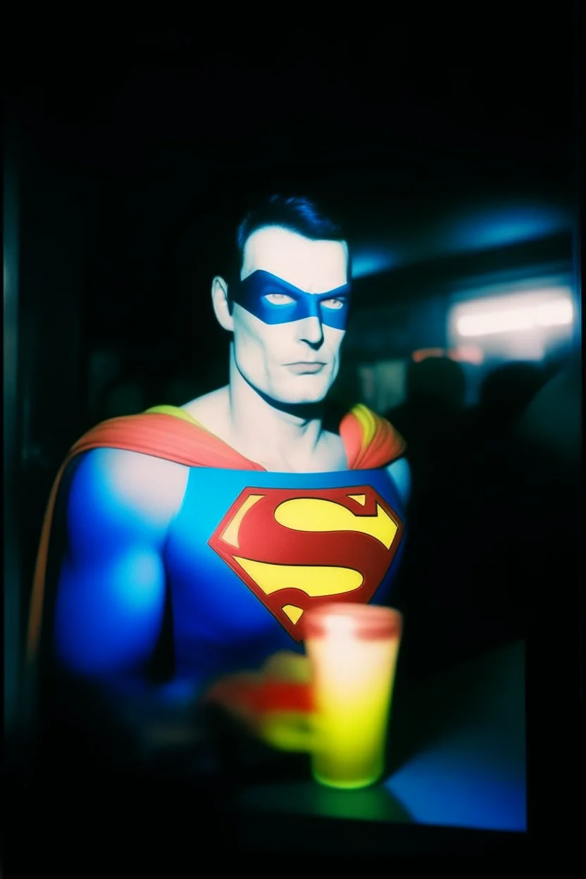 Depressive superman night tokio drinks neon, clown party, fugifilm polaroid